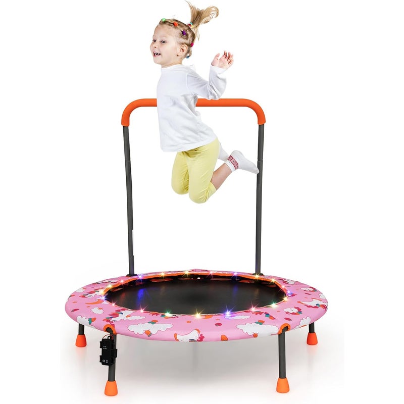 Trampolina dla dzieci Ø92CM z 21 diodami LED, zdejmowaną rączką, mini trampolina zewnętrzna z antypoślizgową matą, różowa