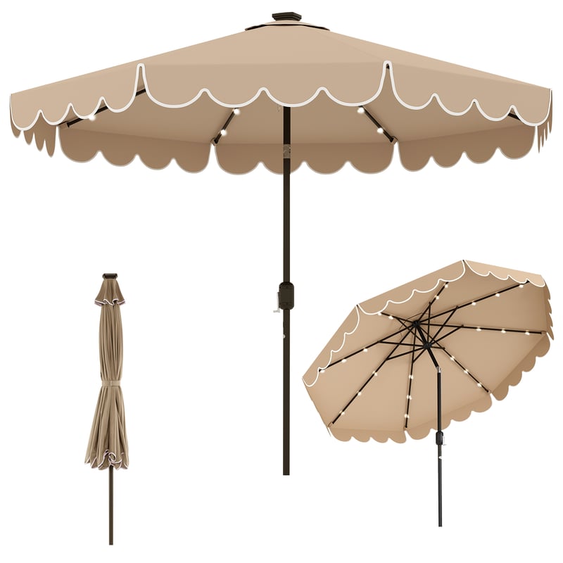 Parasol ogrodowy 3 M z 24 lampami LED, regulacją nachylenia, łatwą korbą, 8 żeber, parasol poliestrowy, brązowy