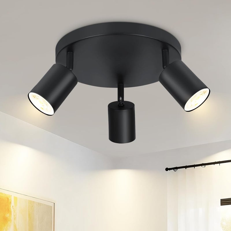 Czarna lampa sufitowa LED – 3 okrągłe reflektorki GU10 – aluminium – obrót o 350° – odpowiednia do salonów i przedpokojów – żarówki nie są dołączone