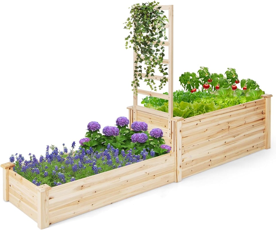 Podwyższona grządka z kratą, skrzynka na kwiaty z kratą, na rośliny, z drewna jodłowego, doniczka na rośliny pnące, naturalna (223 x 64 x 134 cm)
