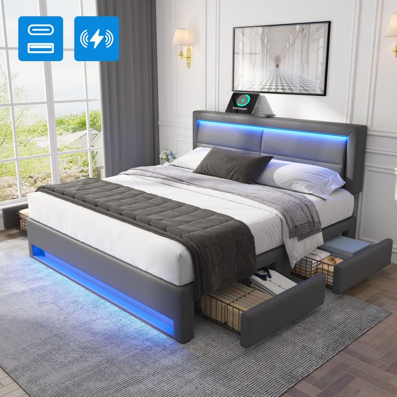 Łóżko podwójne 140x190 cm z ekoskóry z LED - 4 szuflady - z portami ładowania (przewodowym i bezprzewodowym) - Szare