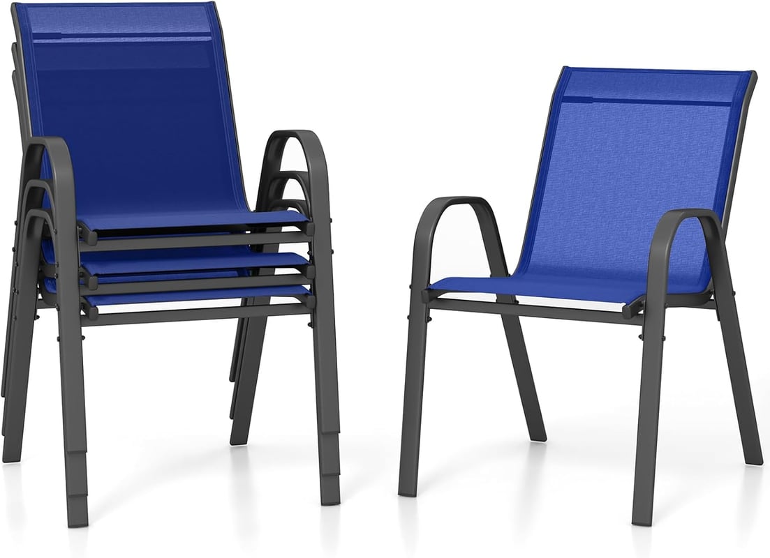 Zestaw 4 krzeseł ogrodowych można układać w stos, krzesła z tekstylenu i metalowej ramy, krzesła balkonowe, obciążenie do 150 kg, 56 x 70 x 84 cm