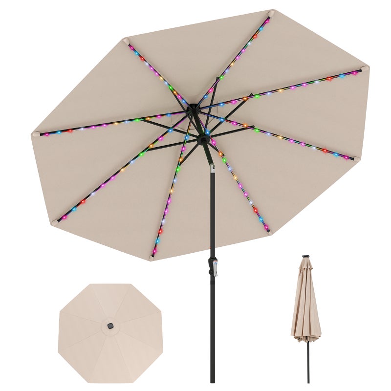 Parasol przeciwsłoneczny 300 cm z oświetleniem solarnym LED, 9 trybów oświetlenia, parasol ogrodowy z korbą, obustronnie zginany o 35°,taras (beżowy)