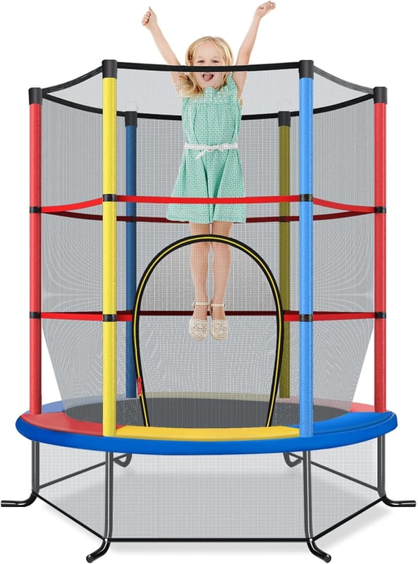 Trampolina zewnętrzna dla dzieci Ø165 cm z siatką zabezpieczającą, trampolina dla dzieci z ramą stalową i 6 słupkami pokrytymi pianką (kolorowa)