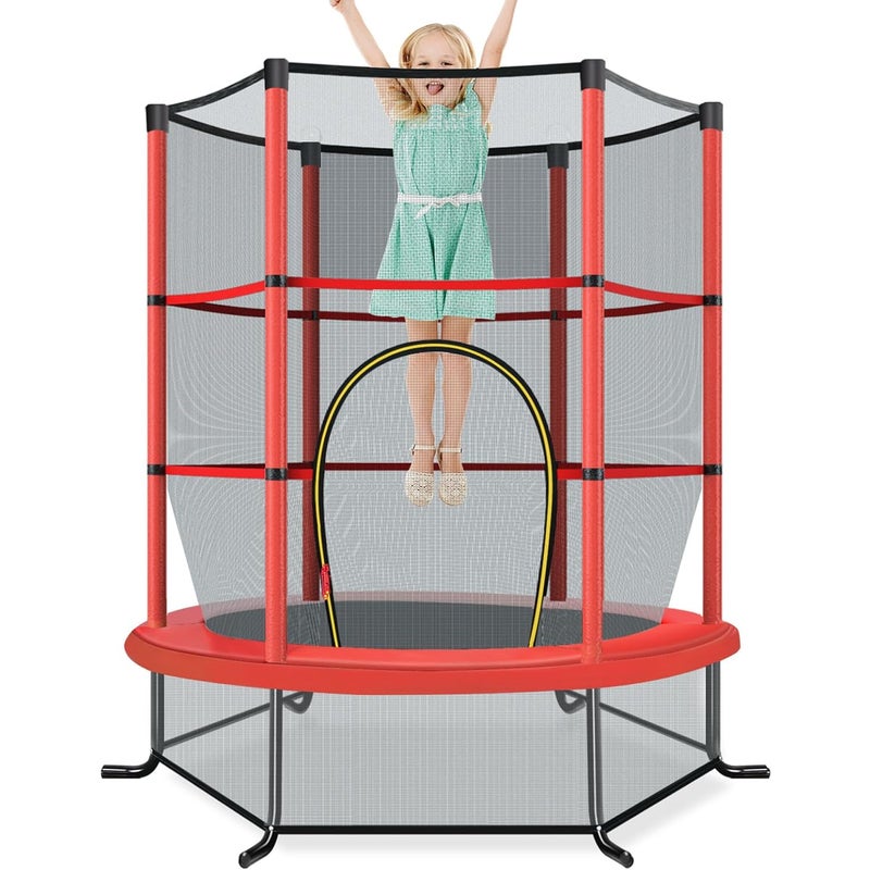 Trampolina zewnętrzna dla dzieci Ø165 cm z siatką zabezpieczającą, trampolina dla dzieci z ramą stalową i 6 słupkami pokrytymi pianką (czerwona)