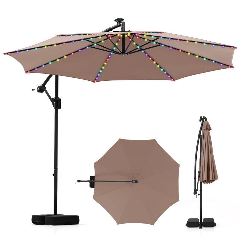Parasol przeciwsłoneczny z oświetleniem LED, 300 cm, 9 trybów, parasol przeciwsłoneczny z workami na piasek i korbą, regulowany kąt nachylenia