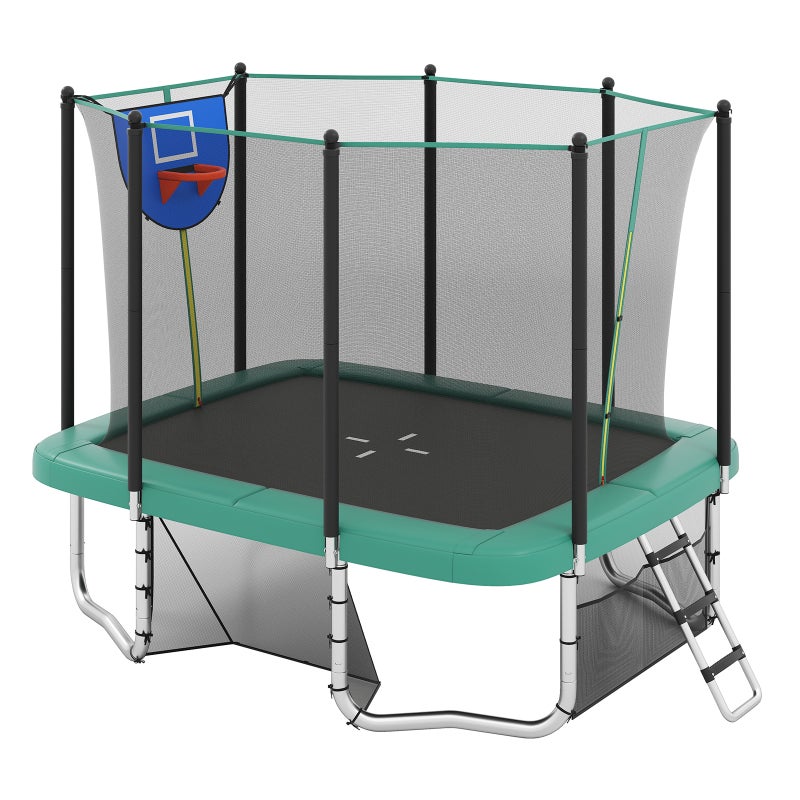 Trampolina zewnętrzna dla dzieci i dorosłych 317 x 255 cm, kosz do koszykówki, bramka do piłki nożnej, drabinka, trampolina prostokątna, 68 sprężyn