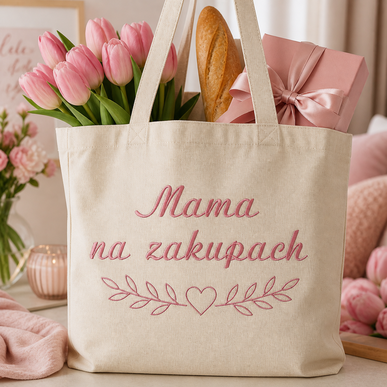 Torba bawełniana dla Mamy z haftem „Mama na zakupach” prezent na Dzień matki