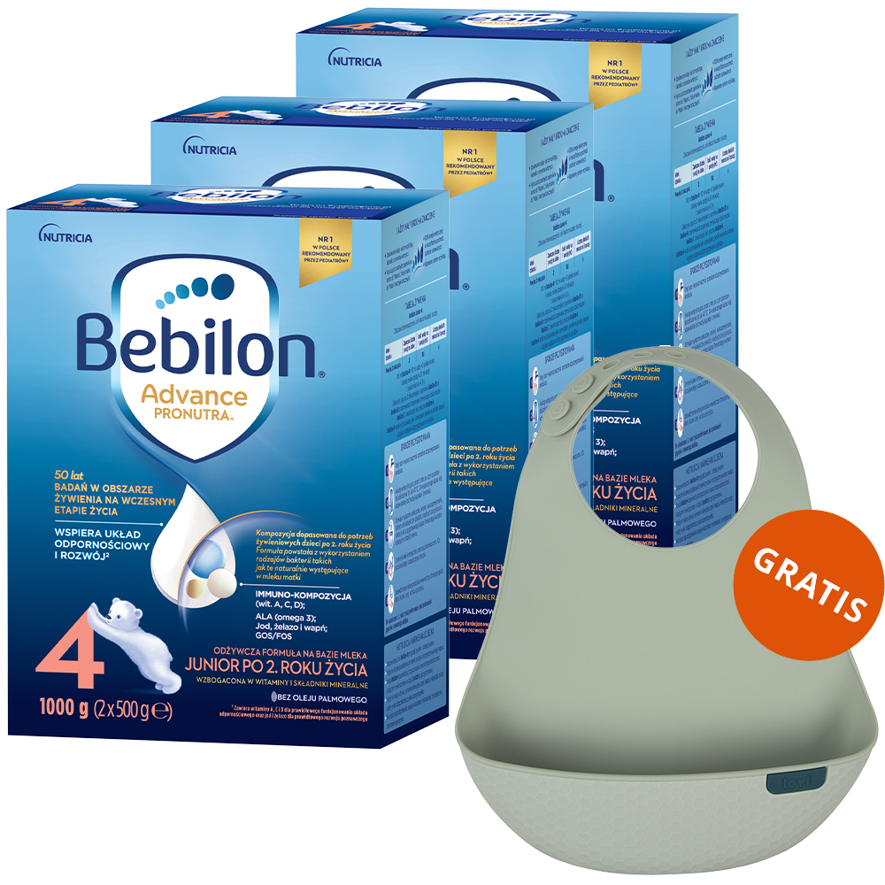 Zestaw Bebilon Advance Pronutra 4 Junior, odżywcza formuła na bazie mleka, po 2 roku, 3 x 1000 g + śliniak silikonowy z kieszonką gratis