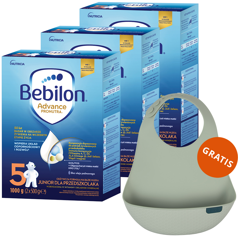 Zestaw Bebilon Advance Pronutra 5 Junior, odżywcza formuła na bazie mleka, dla przedszkolaka, 3 x 1000 g + śliniak silikonowy z kieszonką gratis