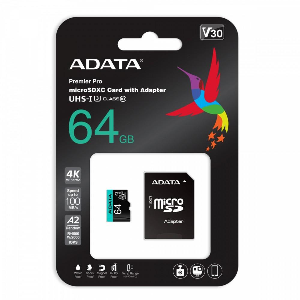 ADATA 64GB microSDXC Premier Pro 100MB/s U3 V30S A2 AUSDX64GUI3V30SA2-RA1