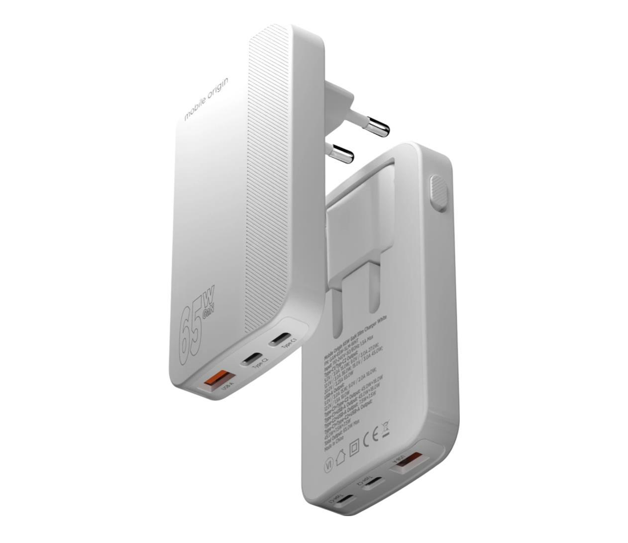 Mobile Origin 65W GaN III Slim Charger dual USB-C single USB-A white