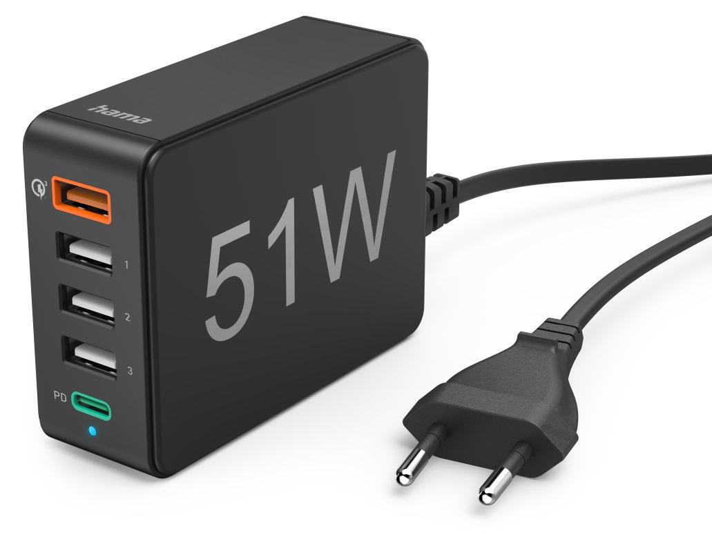 Hama Ładowarka Sieć. HAMA 51W 5 gniazdek czarna (1x PD USB-C,1xQC