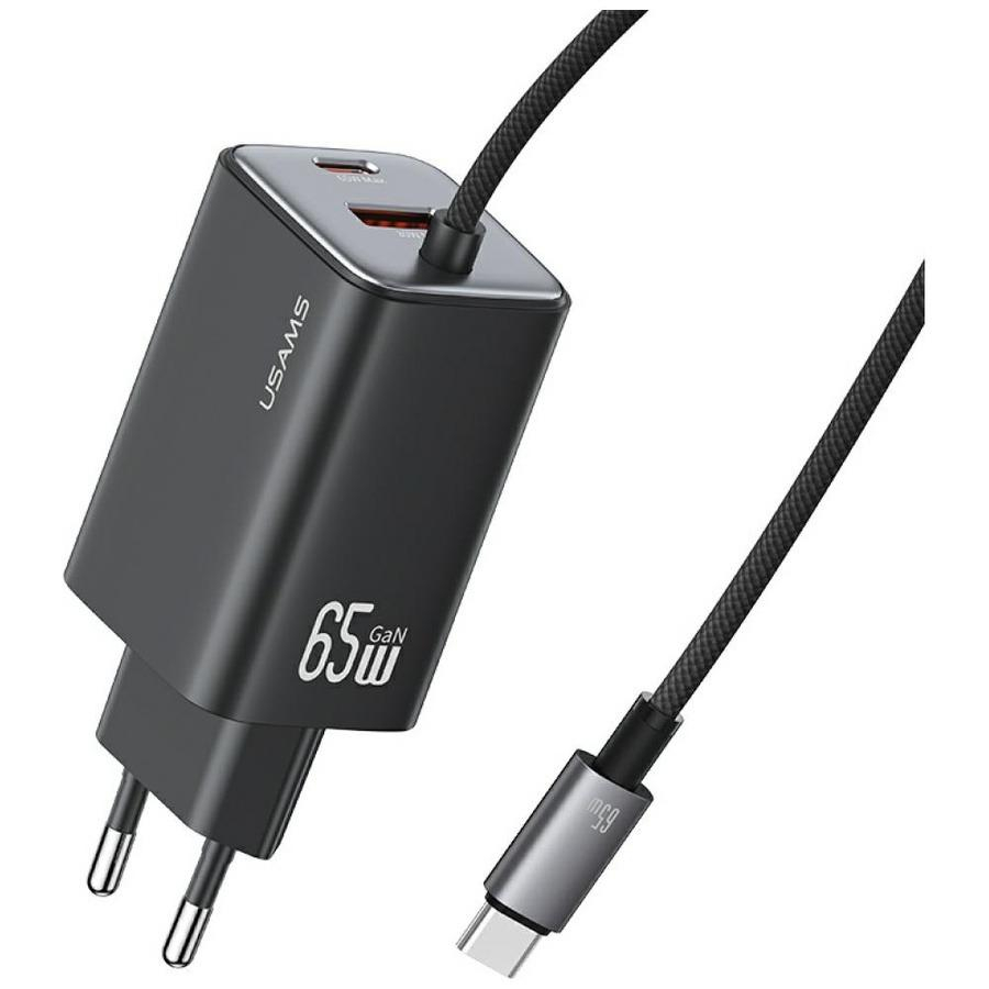 USAMS 65W GaN Fast Charger 1xUSB-C 1xUSB-A /kabel USB-C czarna