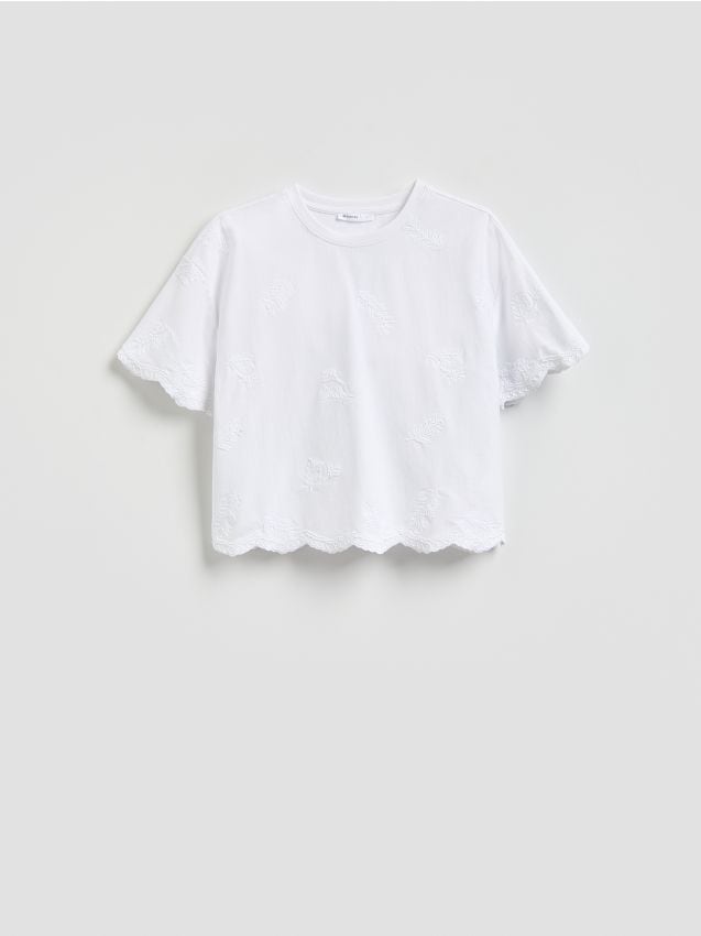 Reserved - T-shirt z haftowanym wzorem - biały