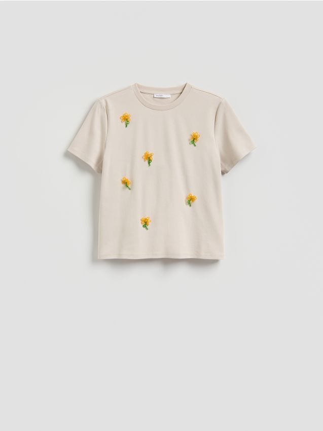 Reserved - T-shirt z ozdobną aplikacją - beżowy