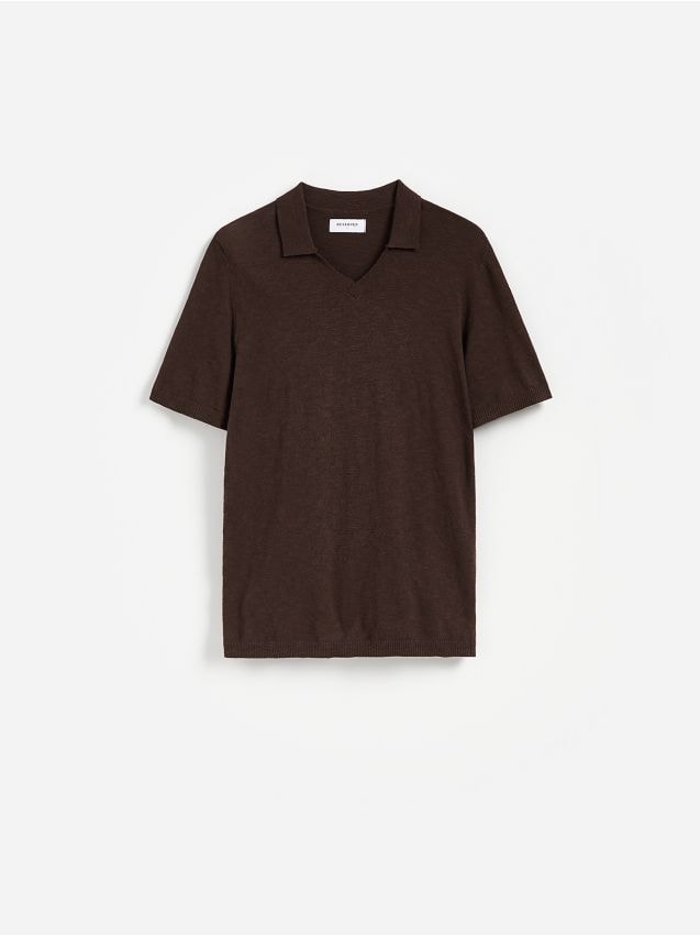 Reserved - Sweter polo z dodatkiem lnu - ciemnobrązowy