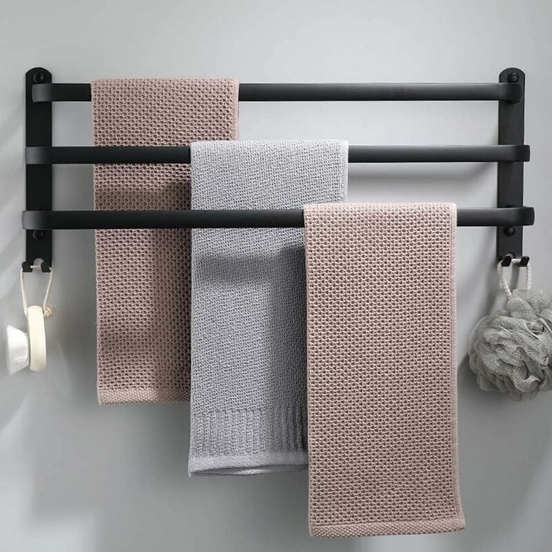 Wieszak na ręczniki do łazienki, kuchni, aluminiowy, 3 półki z haczykiem - 50 cm, czarny