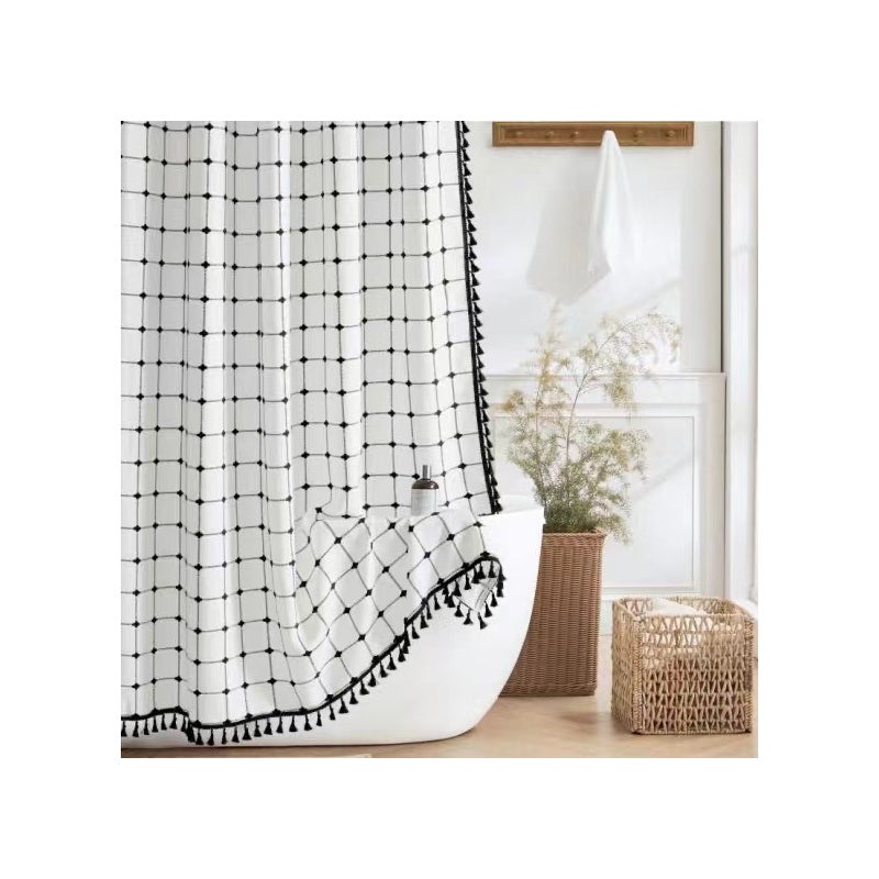 Nowoczesna zasłona prysznicowa w stylu boho z pomponami (Biała, 1 sztuka, 183*213 cm)