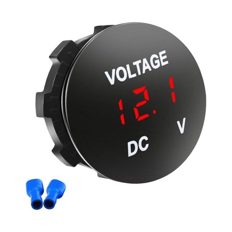 Woltomierz akumulatorowy, wodoodporny tester napięcia DC 12 V, cyfrowy wyświetlacz LED, wskaźnik napięcia akumulatora, okrągły panel (czerwony)