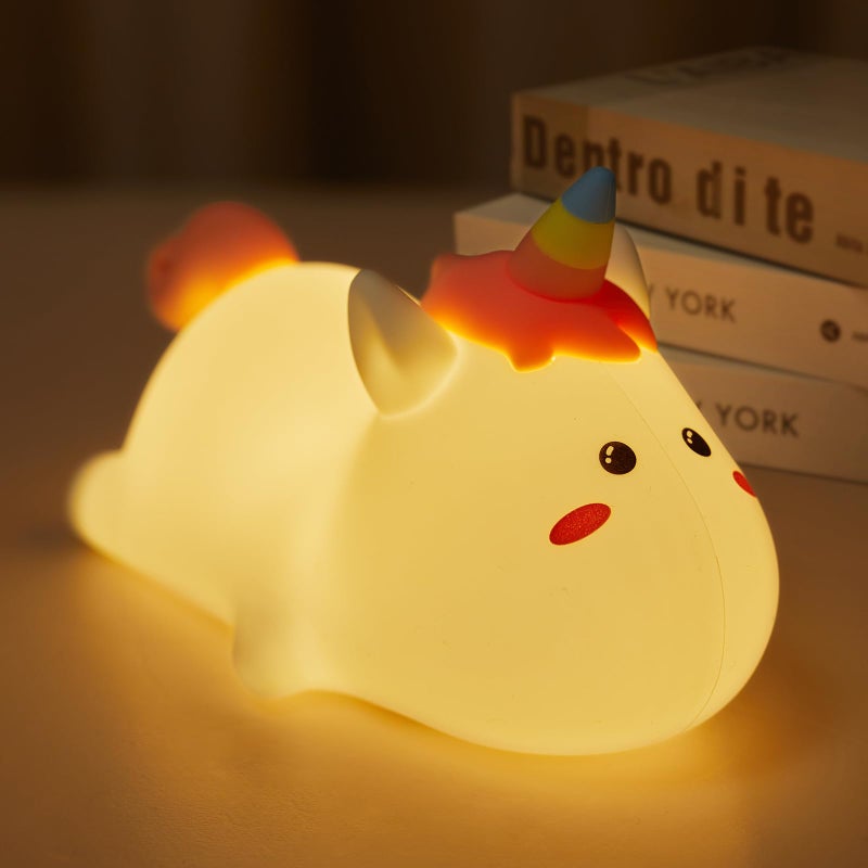 Lampka nocna w kształcie jednorożca dla dzieci, urocza lampka silikonowa z 2 poziomami jasności, lampka dotykowa 7 kolorów do pokoju.
