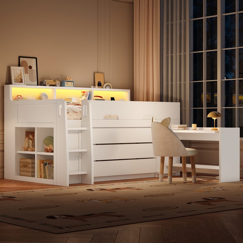 Łóżko piętrowe 90 x 200 cm z biurkiem, 3 szufladami i 7 schowkami - płyta MDF i sklejka - porty LED i USB - białe (materac nie jest wliczony w cenę)
