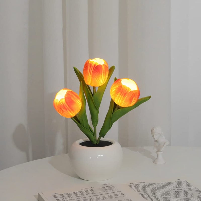 Lampa tulipan, lampa stołowa LED, sztuczny kwiat, mała lampka nocna z ceramicznym wazonem do domu, salonu, dekoracji (pomarańczowa)
