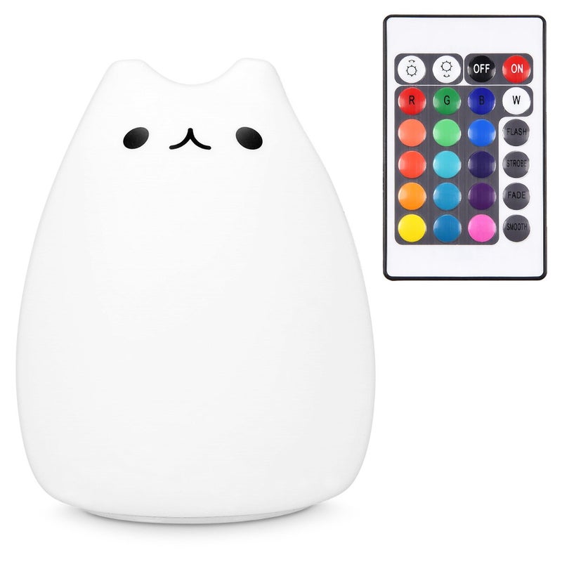 LED Nocna Lampka Kot - Pilot z kablem micro USB - Śliczna lampka nocna dla dzieci z RGB zmieniającym kolory - Kot Snooze Light Biały