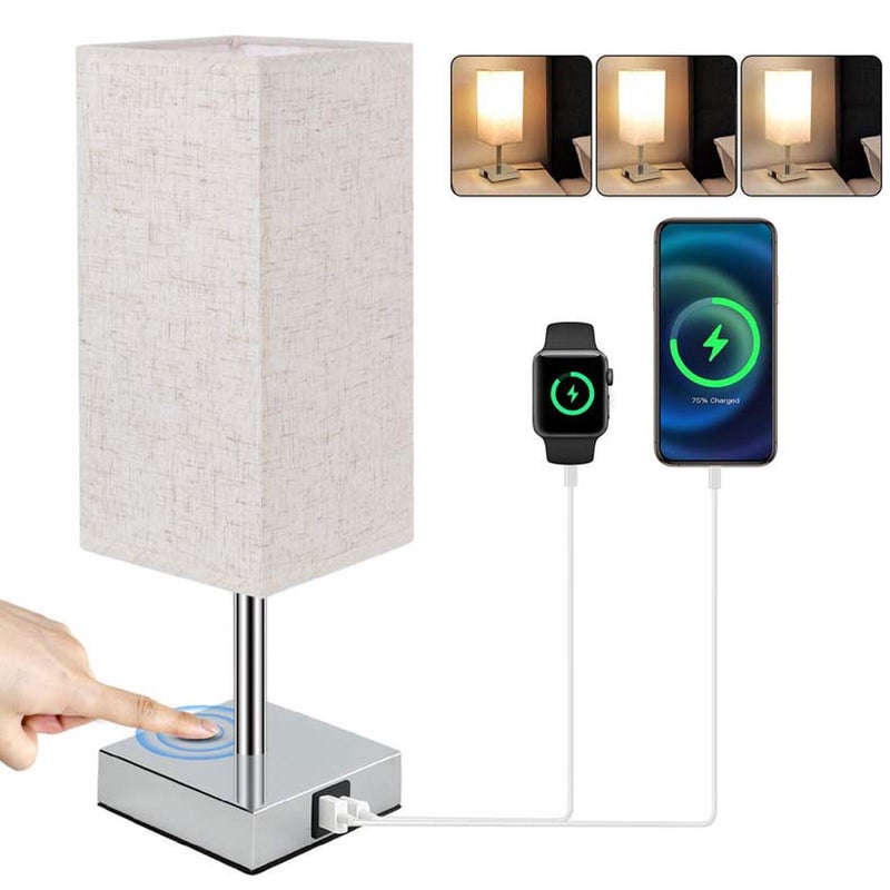 Lampka nocna dotykowa (1 sztuka), lampa stołowa z portami USB-A+C, 3 światła o regulowanej intensywności, cienki klosz z eufedry, idealna do sypialni.