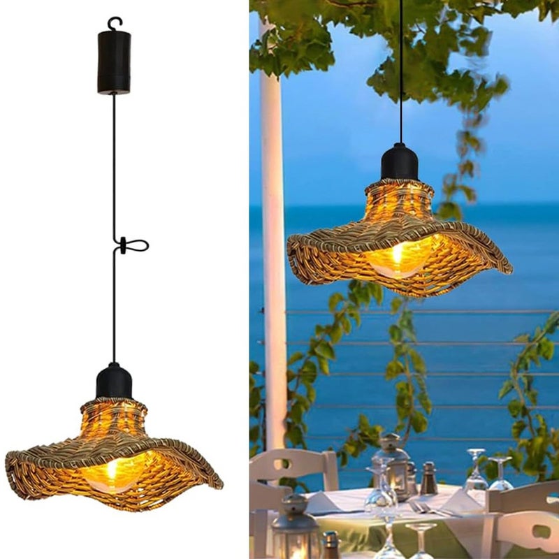 Lampion wiszący z rattanu zasilany baterią 18,5x7,5 cm, ciepłe światło, wodoodporny IP44, idealny do ogrodów zewnętrznych i dekoracji domu