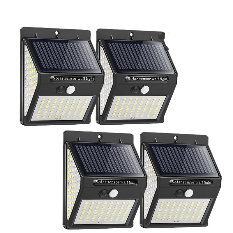 Zestaw 4 wodoodpornych zewnętrznych lamp solarnych ściennych z czujnikiem ruchu P65 144 LED do ogrodu
