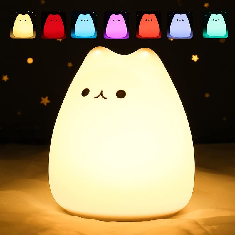 Lampka nocna dla dzieci, lampka nocna w kształcie kota kawaii, 7 kolorów, lampa LED z funkcją timera do nocnej lampy dotykowej.