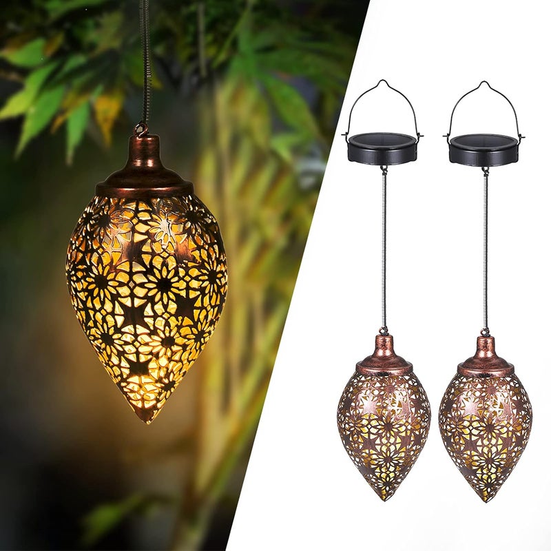 Zestaw 2 metalowych zewnętrznych lampionów solarnych na zewnątrz, z IP44, wodoodporne, ciepłe białe światło LED, orientalne lampy solarne do ogrodu