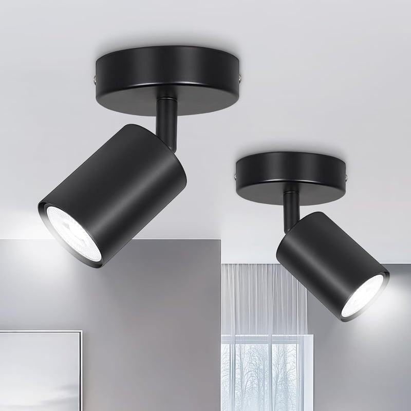 Czarne lampy sufitowe LED: reflektorki sufitowe GU10, 2 sztuki, regulowane w zakresie 330° (żarówki nie są dołączone).