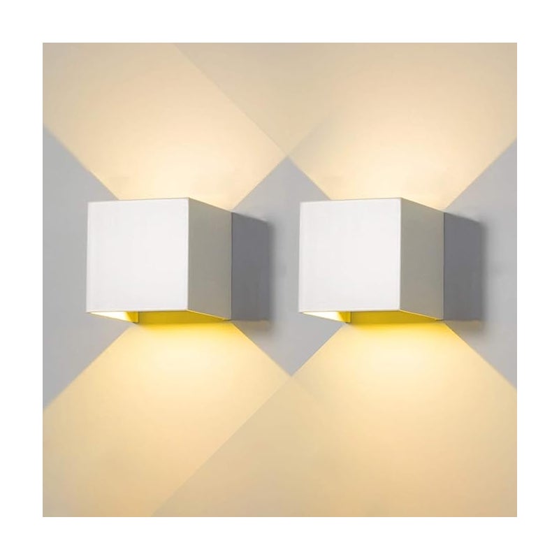 Zestaw 2 sztuk (Biały) LED Nowoczesna Lampa Ścienna Zewnętrzna i Wewnętrzna 10W Ciepłe Światło IP65 Wodoodporna Aluminium Kwadratowa Lampa