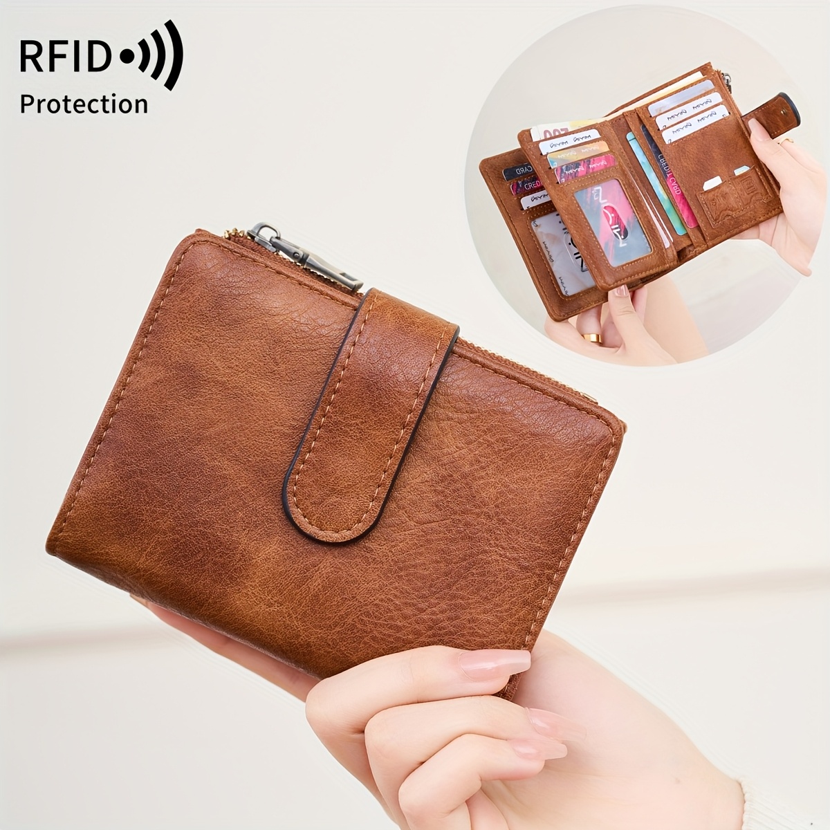 TEMU Portfel damski RFID Anti-Theft z wieloma karta, zamykany na zamek błyskawiczny, vintage, wielofunkcyjny portfel krótki, portfel krótki w