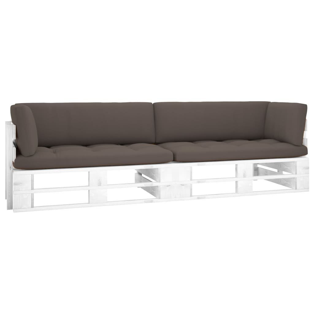 VidaXL Sofa 2-osobowa z palet, z poduszkami, biała, drewno sosnowe