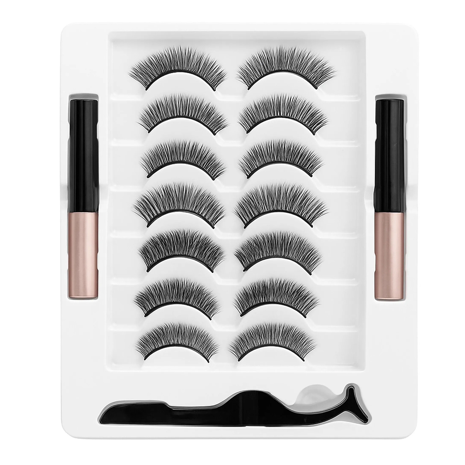 Zestaw syntetycznych czarnych rzęs magnetycznych na pasku UR175 7 par + 2 x eyeliner + pęseta