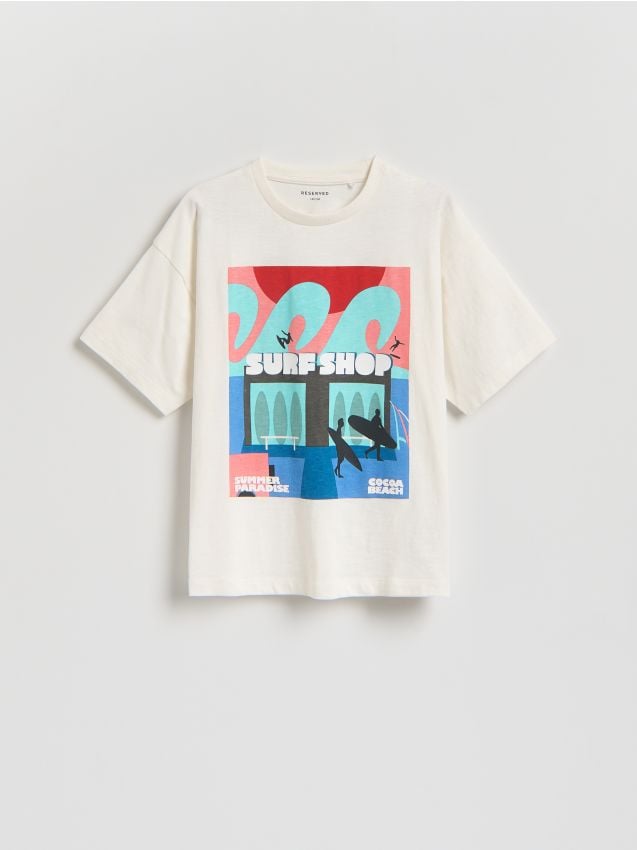 Reserved - Bawełniany t-shirt - złamana biel