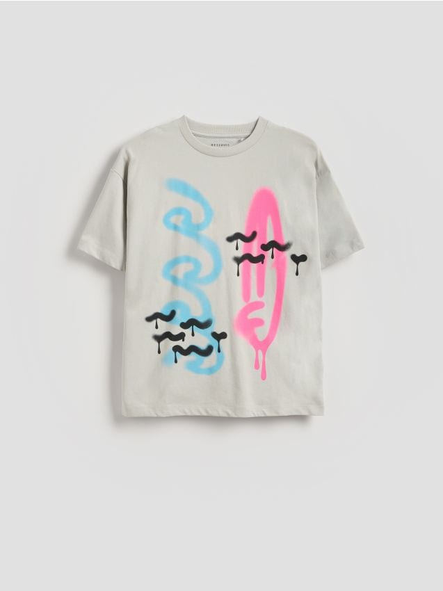 Reserved - Bawełniany t-shirt z nadrukiem - jasnoszary
