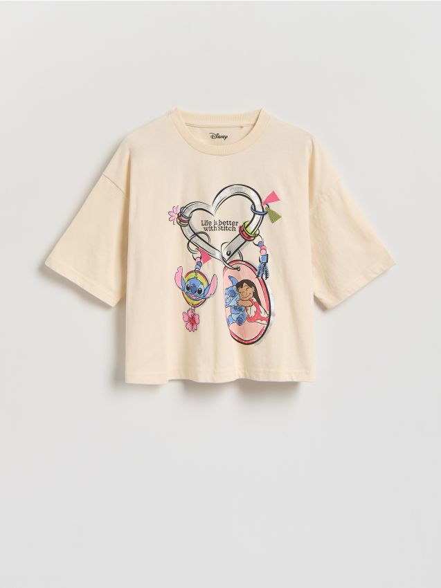 Reserved - T-shirt Lilo i Stitch - kremowy