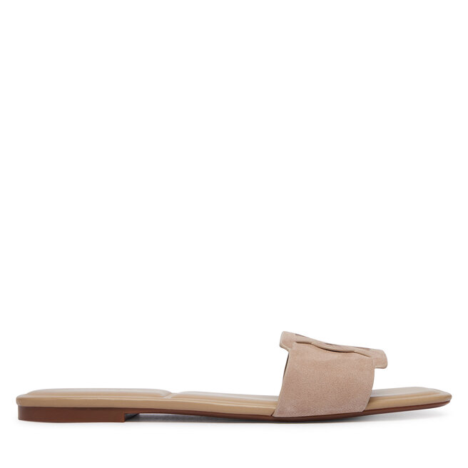 Klapki Calvin Klein Square Flat Sndl Embl Suede HW0HW03055 Beżowy