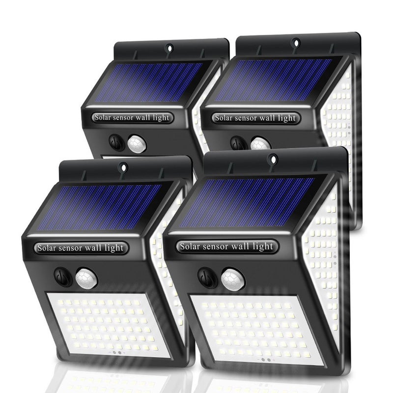 Zestaw 4 lamp solarnych do użytku zewnętrznego z czujnikiem ruchu, 140 LED, wodoodporność IP65, 3 tryby oświetlenia, do ogrodu, garażu, biała.