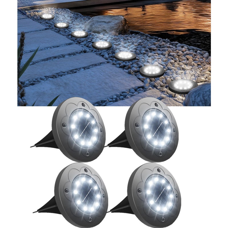 Zestaw 4 wbudowanych lamp LED na energię słoneczną, wodoodpornych, 10 dysków LED do użytku na zewnątrz, do krajobrazu i tarasu, białe