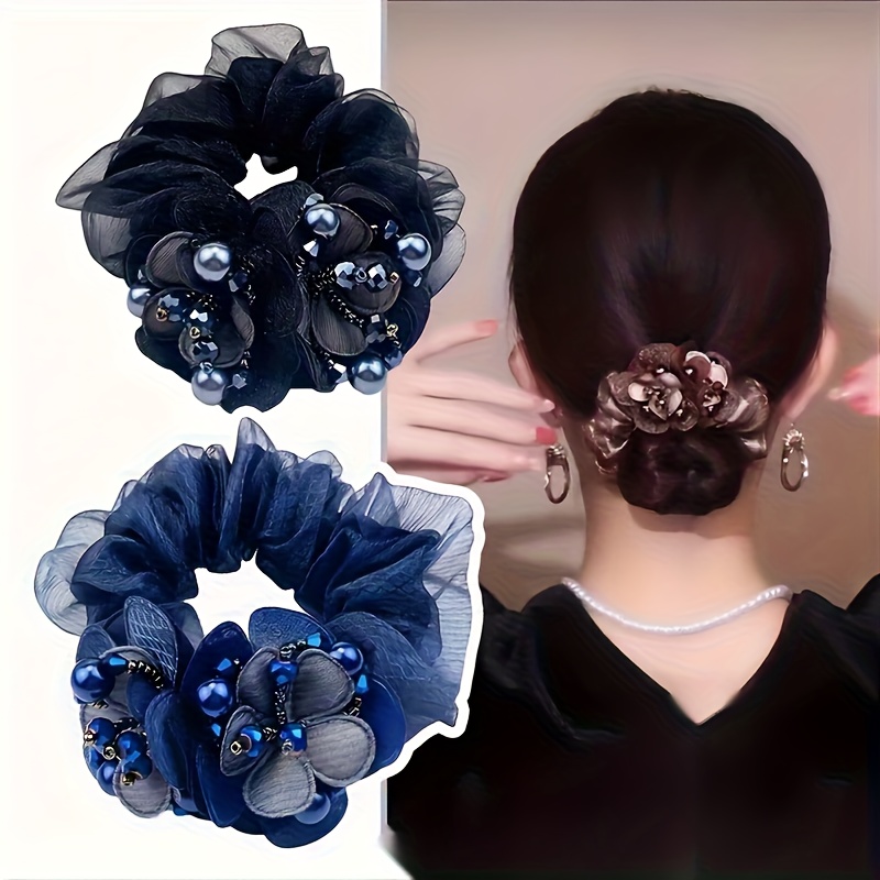 TEMU Wysokiej jakości gumka do włosów z elegancką kokardą, stylowy dodatek do włosów, dwuwarstwowa siateczkowa scrunchie, organzowa gumka do włosów z