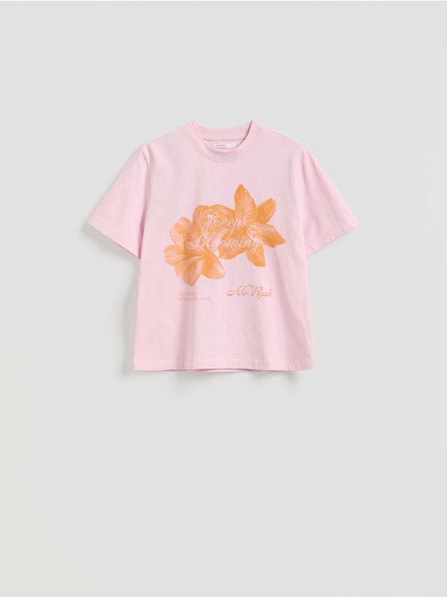 Reserved - Bawełniany t-shirt z nadrukiem - pastelowy róż