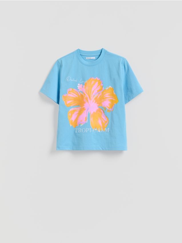 Reserved - Bawełniany t-shirt z nadrukiem - jasnoniebieski