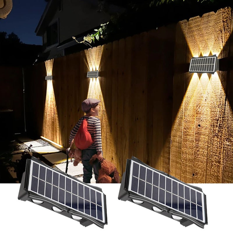 Zestaw 2 lamp solarnych ciepłobiałych do użytku na zewnątrz, 6 wodoodpornych diod LED, solarne kinkiety górą-dół, światła od zmierzchu do świtu
