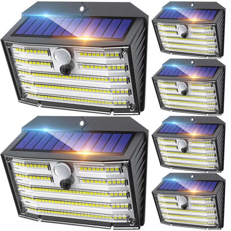 Lampy solarne do użytku zewnętrznego, zestaw 6 lamp z 126 diodami LED, bezprzewodowe, z czujnikiem ruchu, wodoodporne IP65, 3 tryby, kąt oświetlenia 2