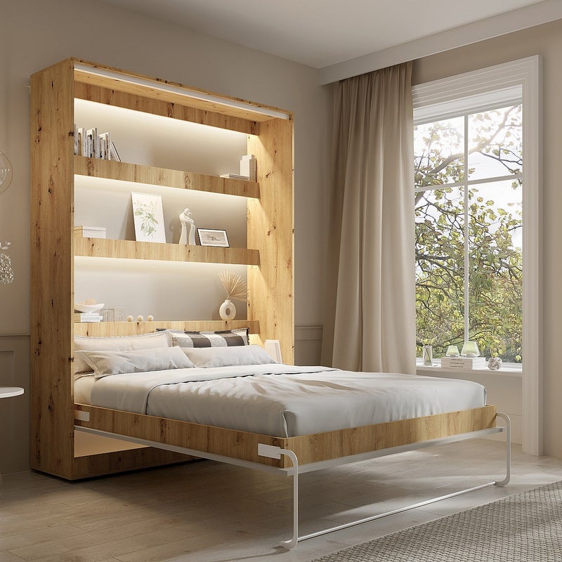 Łóżko chowane w szafie 160 x 200 cm - Ręczne otwieranie pionowe - Z diodami LED – Beżowy i naturalny + Materac - RAPILI